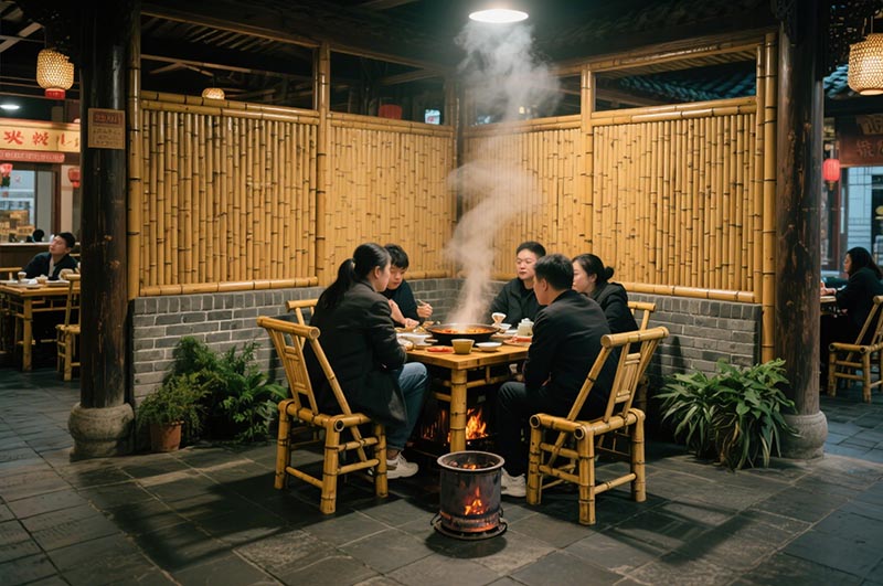 采用竹、木、青磚等傳統(tǒng)材質(zhì)的火鍋店裝修效果圖