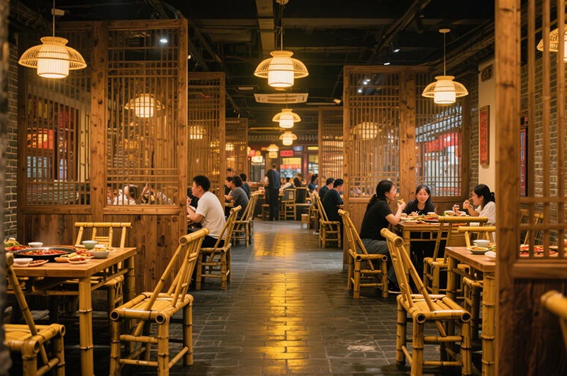 采用竹、木、青磚等傳統(tǒng)材質(zhì)的火鍋店裝修效果圖